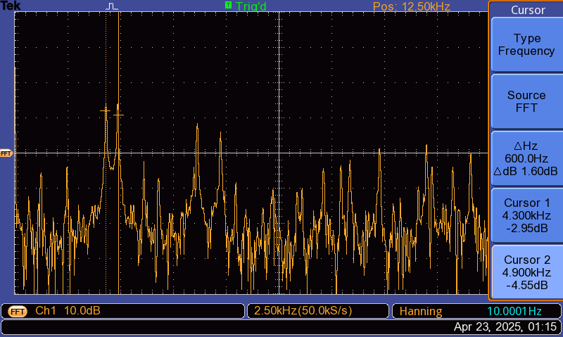 FFT of a frequency-modulated 555 oscillator showing sidebands around the carrier harmonics