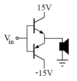 Complementary NPN and PNP class B push-pull output stage driving a speaker