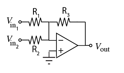 Two-input inverting operational amplifier summing circuit