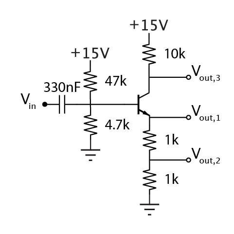 Biased common-emitter BJT amplifier with collector and emitter output taps