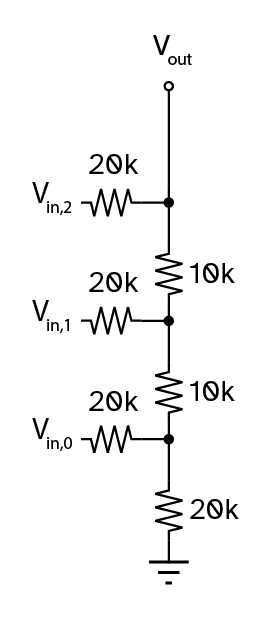 Three-bit R-2R resistor ladder digital-to-analog converter