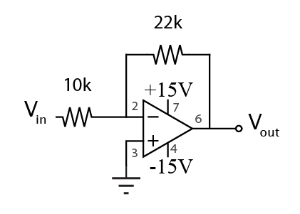 Inverting operational amplifier with 22 kiloohm feedback and 10 kiloohm input resistor