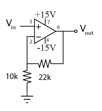 Non-inverting operational amplifier with 22 kiloohm feedback and 10 kiloohm ground resistor