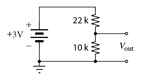 A 22 kiloohm and 10 kiloohm voltage divider connected to a 3 volt source